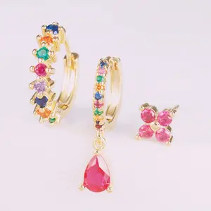 3-Piece Rainbow Zirconia Jeweled Drop Hoop Earrings Set For Women Geometric Round Pendant, Perfect Gift, Cute Outfit Accessories for Party and Concert