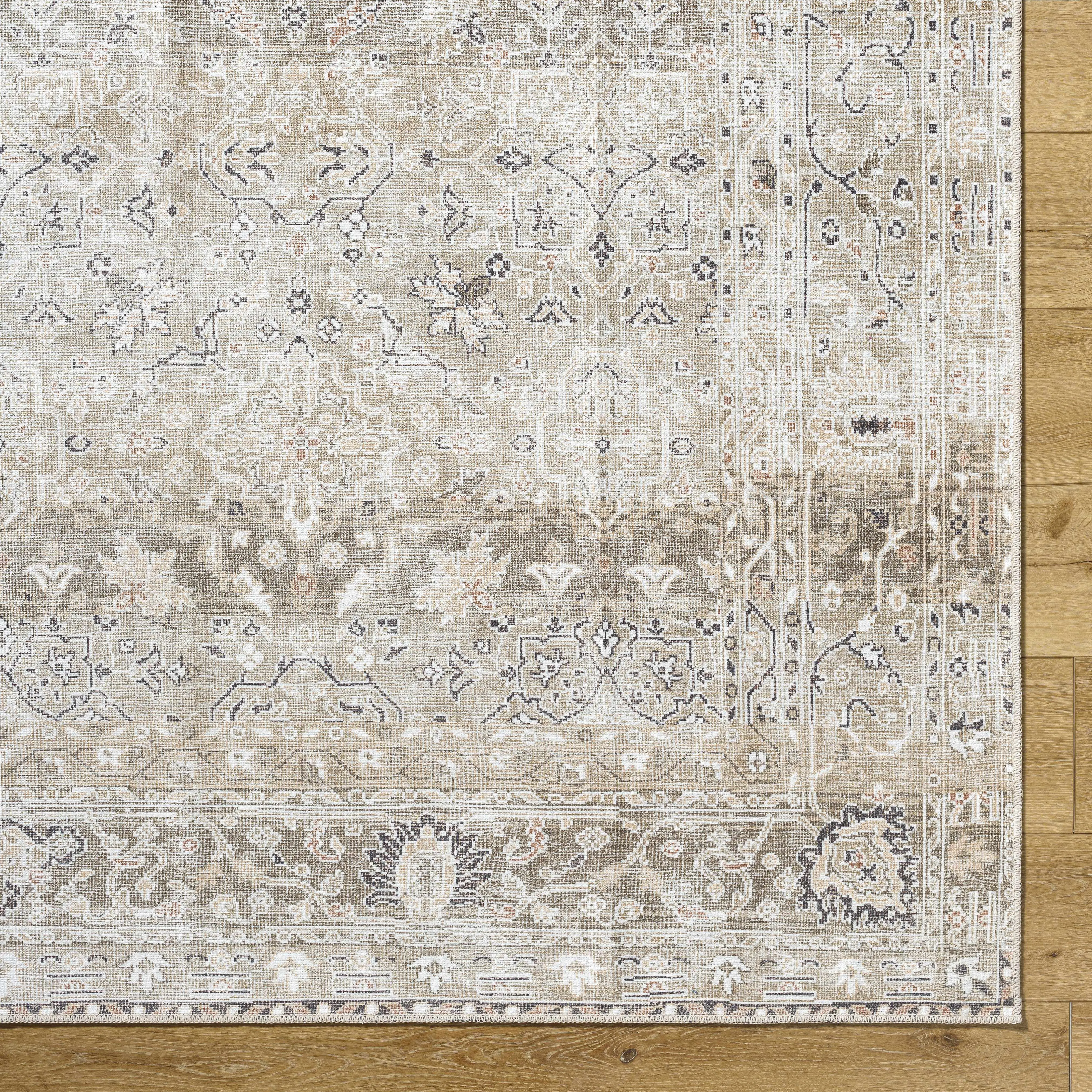 Durable Rectangle Flat Weave PNW Home Rainier Damask Rug - Neutral Shades of Brown, Charcoal Accent, Rust, Machine Washable, Suitable for Bathroom, Dining Room