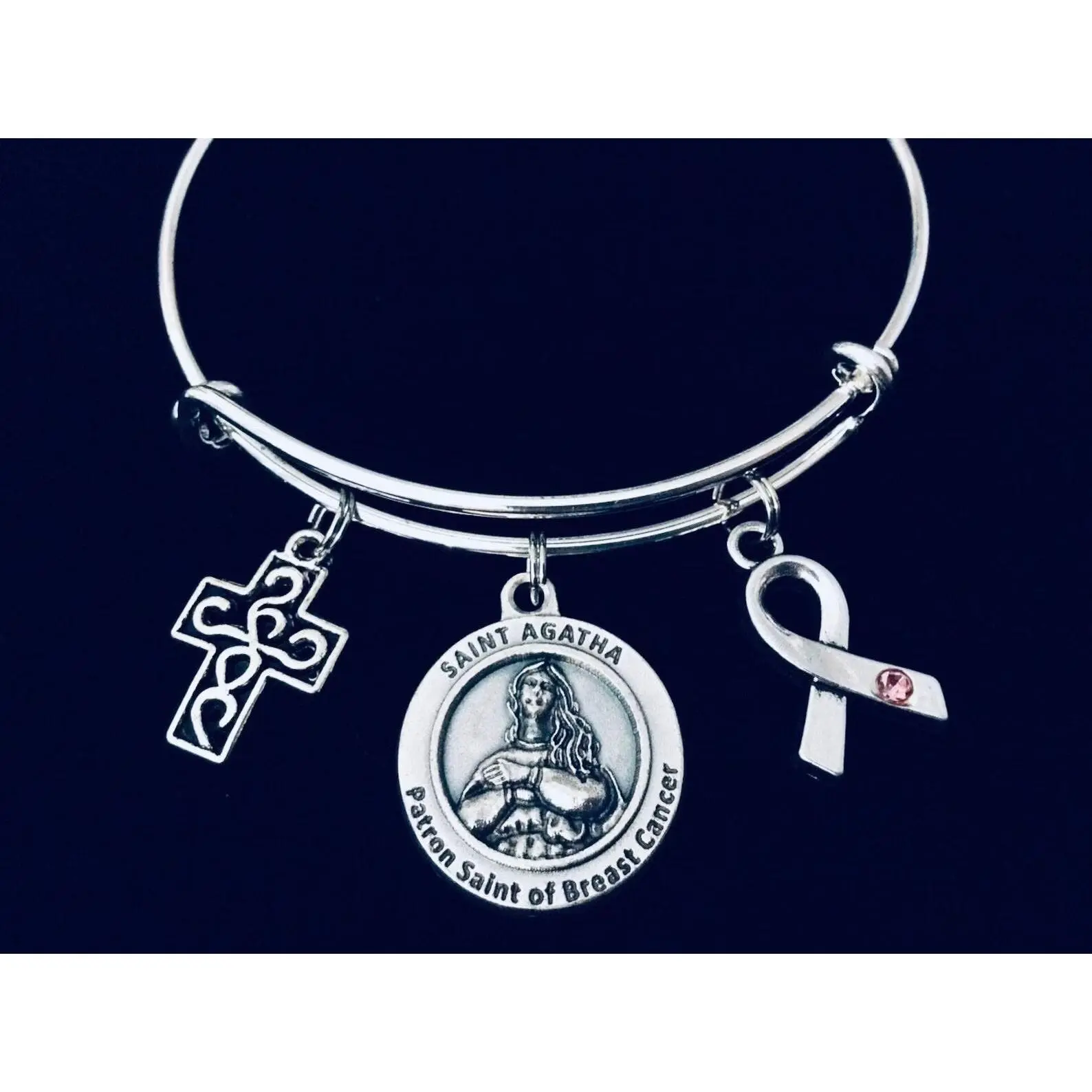 Saint Agatha Jewelry Breast Cancer Survivor Charm Bracelet Adjustable Expandable Silver Bangle Pink Awareness Ribbon Filigree Cross One Size Fits All
