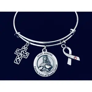 Saint Agatha Jewelry Breast Cancer Survivor Charm Bracelet Adjustable Expandable Silver Bangle Pink Awareness Ribbon Filigree Cross One Size Fits All