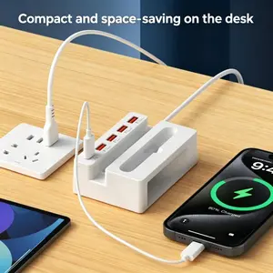 Multi-Function USB Charging HUB, 4 USB-A + 1 PD Ports, 3-In-1 Charger, Phone Stand & Sound Amplifier for iPhone, Samsung, All Devices