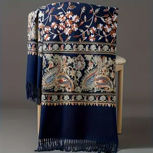Women's Bohemian Cashmere Shawl Scarf - Vintage Paisley Embroidery, suitable for spring/autumn, lightweight and warm, with tassel decoration, navy blue/orange/white vintage style, hand washable, suitable for casual and various outfits (multiple colors ava