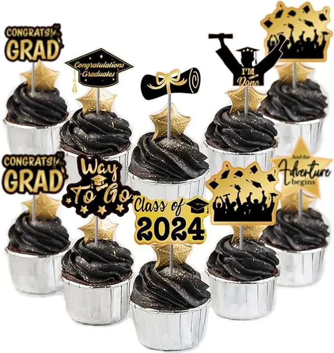 48 Pack Graduation Cupcake Toppers Class of 2024 Graduation Party Decorations,legant Dessert Toppers with 8 Unique Designs, Premium Paper Cake Decor for Grads (Black Glod)