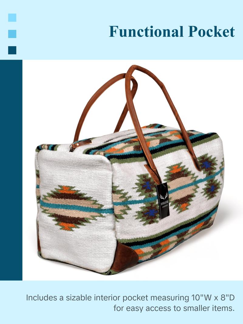 Boho Aztec Large Weekender Southwestern Duffel Bag Aspen Saddle Blanket Bag 100% Leather Handles