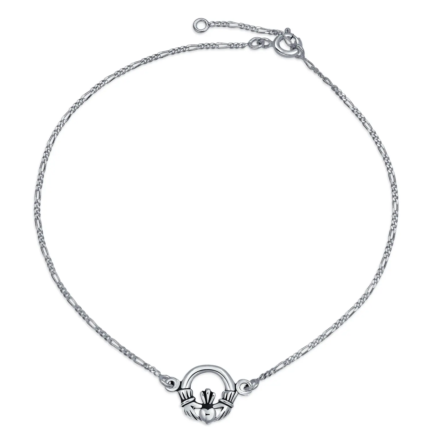 Celtic Claddagh Heart Anklet Figaro Chain Charm Ankle Bracelet .925 Sterling Silver Adjustable