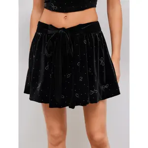 Cider [size 2-10] Velvet Mid Rise Rhinestone Bowknot Knotted Mini Skirt