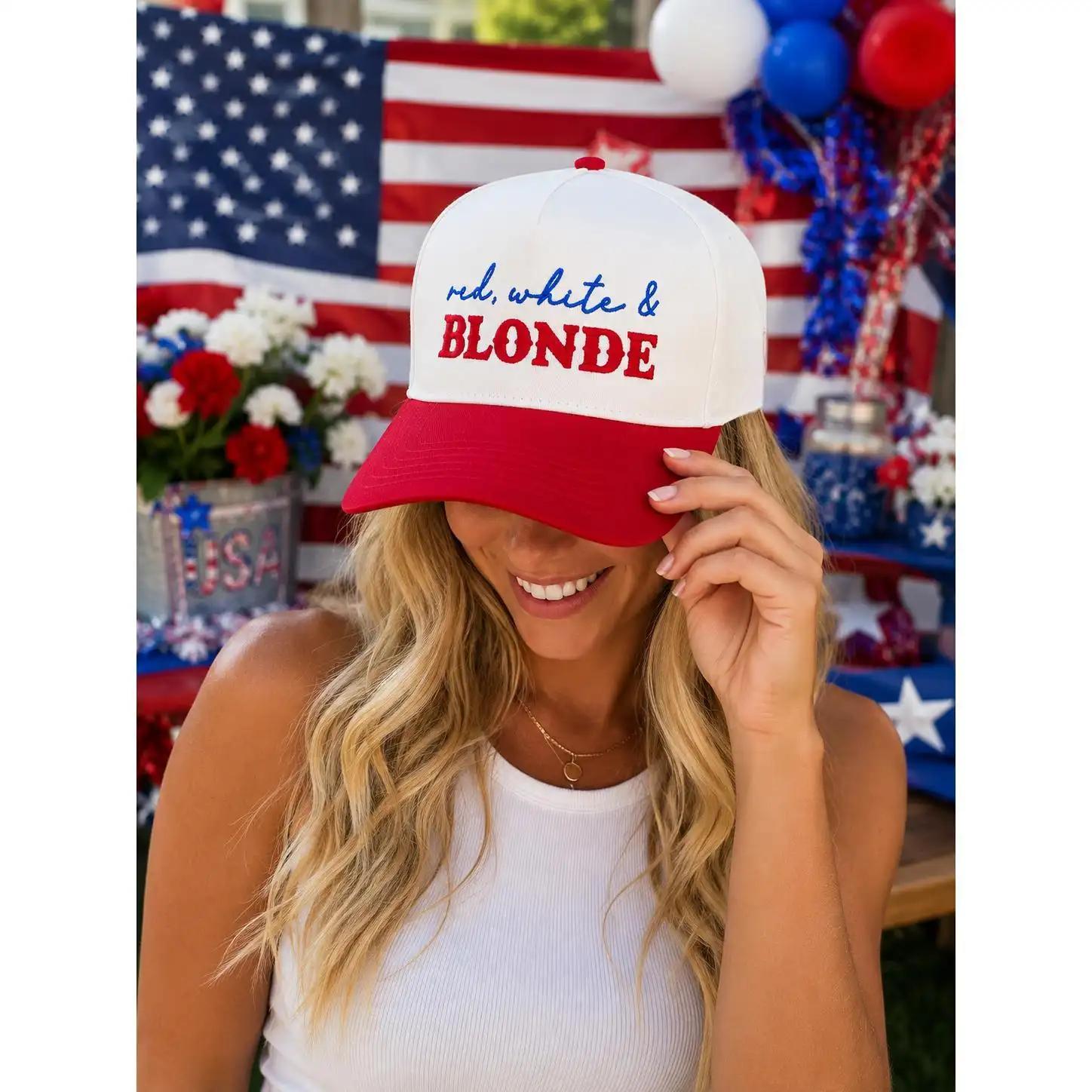Embroidered Red, White & Blonde Trucker Hat - Adjustable Patriotic USA Cap for 4th Of July, Memorial Day, Labor Day & Everyday Casual Wear, Durable