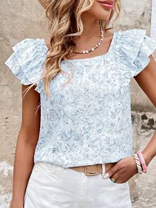 EG fashion Ribbon Back Blue Floral Viscose Blouse