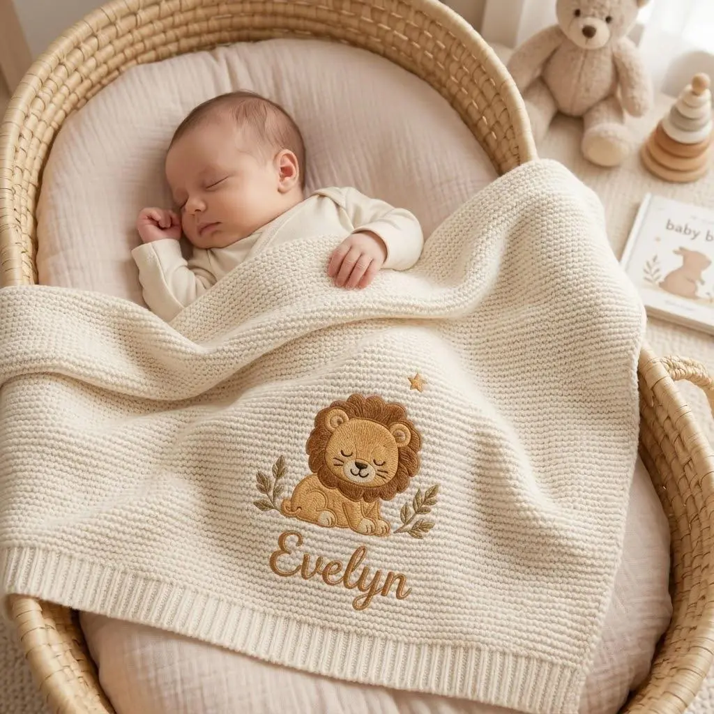 [Made-to-Order] Personalized Embroidered LEO Baby Blanket - Custom Name Lion Safari Newborn Gift, Gift for Boy, Welcome Baby Blanket