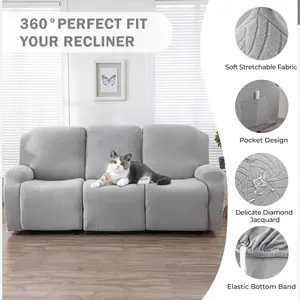 3 Seats Leaf Pattern Jacquard Stretch Fabric Recliner Cover, Non-Slip Removable Washable Decorative Furniture Protector for Home, Living Room