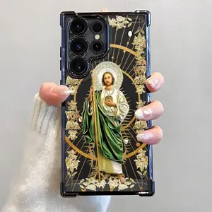 San Judas Phone Case For Samsung S25 S24 S23 S22 Ultra S25Edge S24FE Plus S25+  Electroplated Cover with Airbag Shockproof Slim Soft TPU Cover  St. Jude Catholic Religious Design Luxury Protection