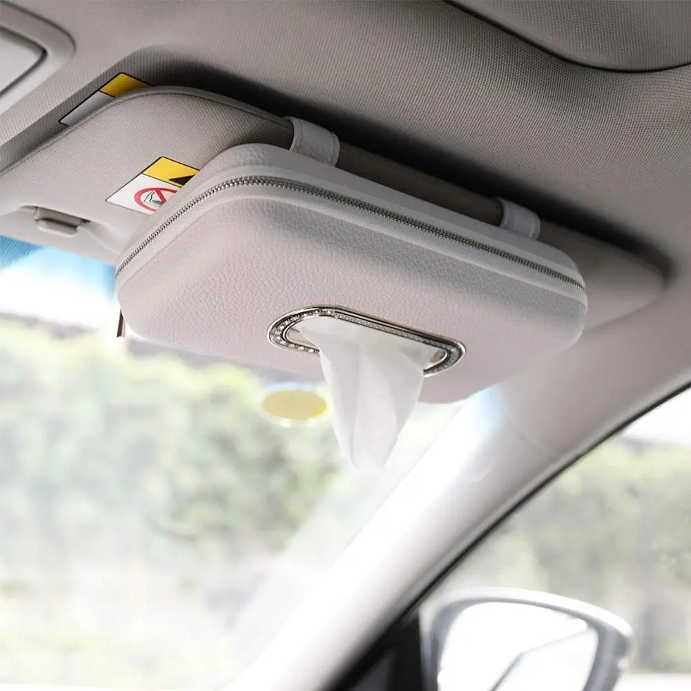 Luxury PU Leather Car Tissue Dispenser - Sun Visor Mount, Backseat In-Car Storage Organizer (Grey)