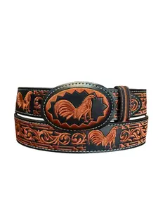 Black Western Style Embroidered Rooster Leather Belt Cinto Vaquero Bordado Con Gallo