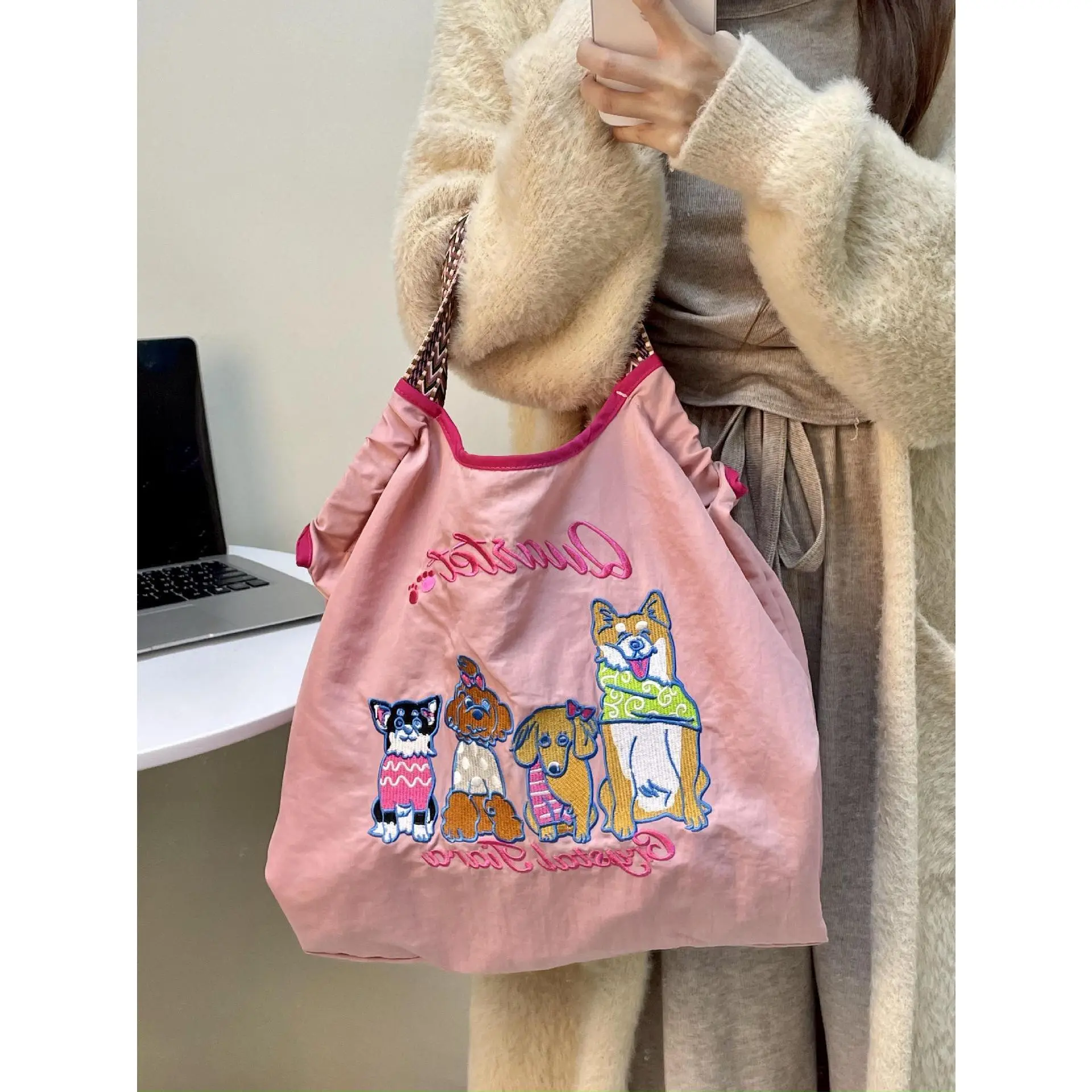 Japanese Style Cat Shiba Inu Embroidered Eco-friendly Tote Bag for Women Nylon Handbag Student Shoulder Bag Embroidered Handbag Large Bag