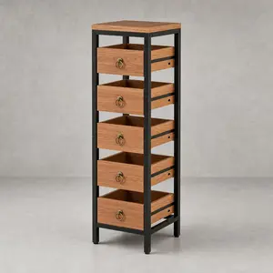 5-Tier Slim Storage Rack with 5 Pull-Out Wooden Drawers, Industrial Vertical Standing Shelf Organizer for Kitchen, Living Room, Snacks & Produce, Earth Warm Brown