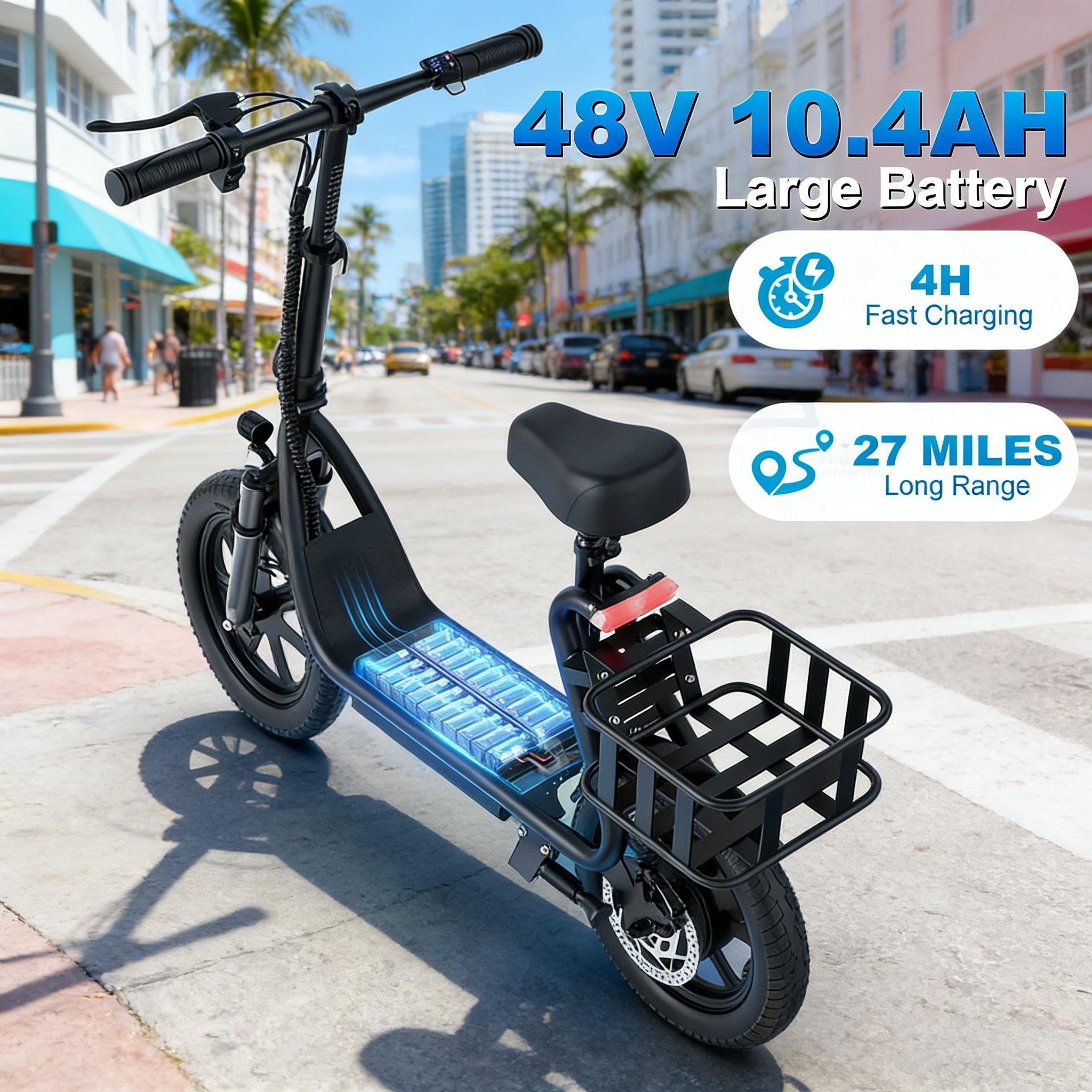 Electric Scooter for Adults with Seat,48V 10.4Ah Battery, Top Speed 22 mph, Driving Range 21-27 Miles, Pet-Friendly Design with Rear Basket