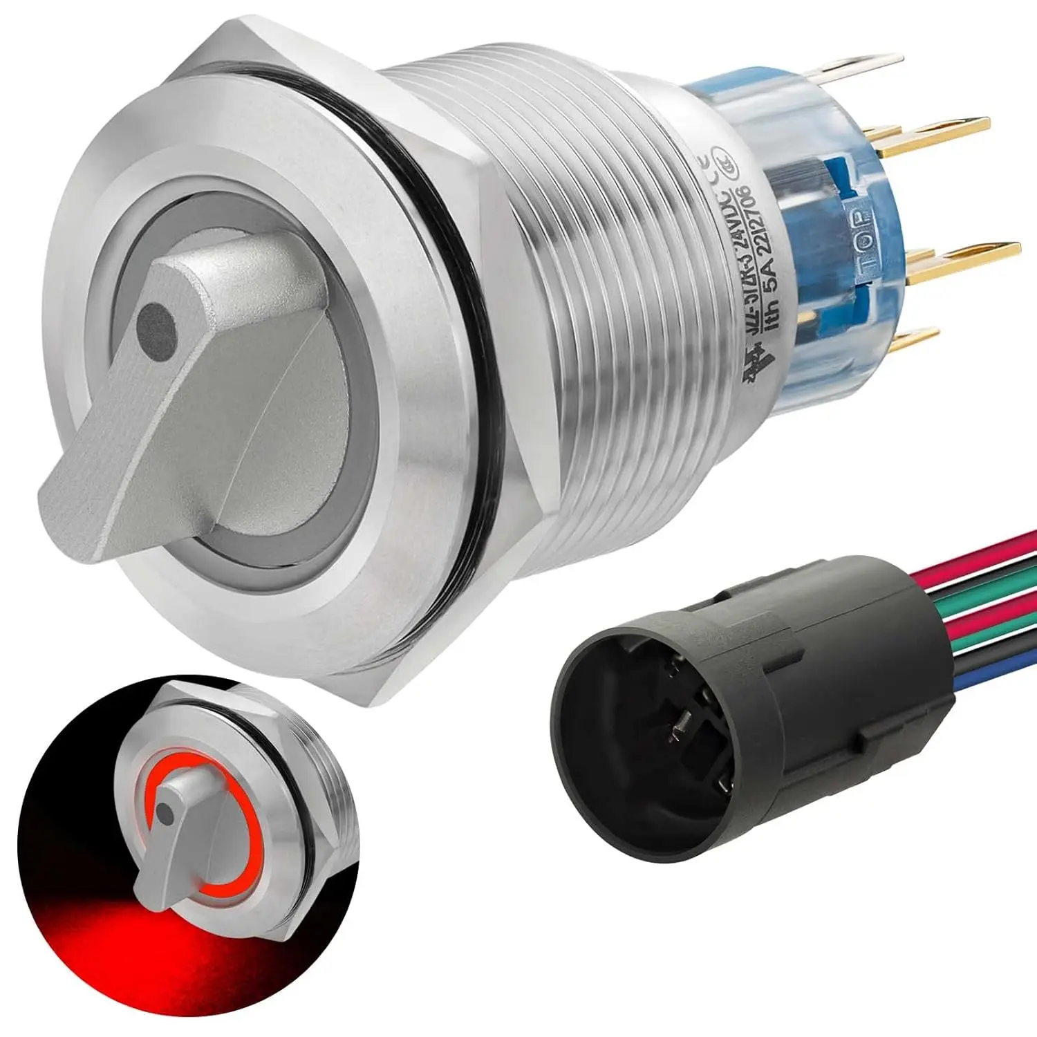 3-Position Rotary Switch with Red LED Light, 1pcs 3 Position Rotary with Red Light, 22mm/7/8in Size, 12V~24V DC Latching Selection, 5amp 250V AC 2NO 2NC DPDT 8Pin, Easy-Install 1-Wire Connector Socket (Left Open, Middle Close, Right Open)