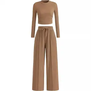 Casual 2 Piece Sets For Women Fall Outfits 2025 Ribbed Long Sleeve Crop Top Wide Leg Pants Matching Lounge Set