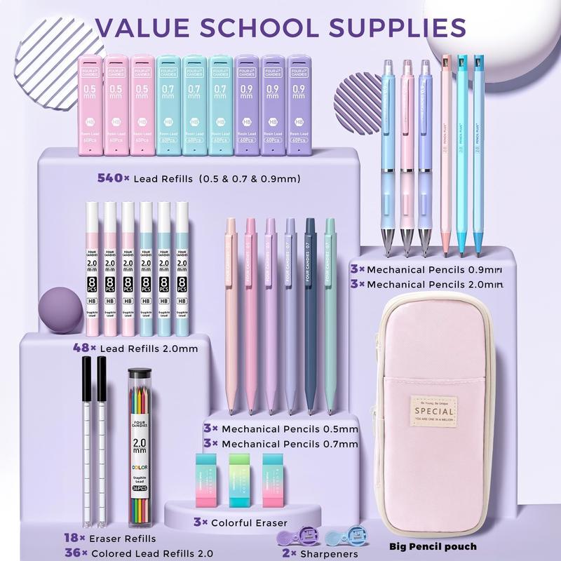 Four Candies 36PCS Aesthetic School Supplies in Large Capacity Pencil Case, 12PCS Mechanical Pencils 0.5-2.0mm with 624PCS Lead Refills,Cute Mechanical Pencils for Writing, Drawing & Drafting Student Essentials, school supplies art work