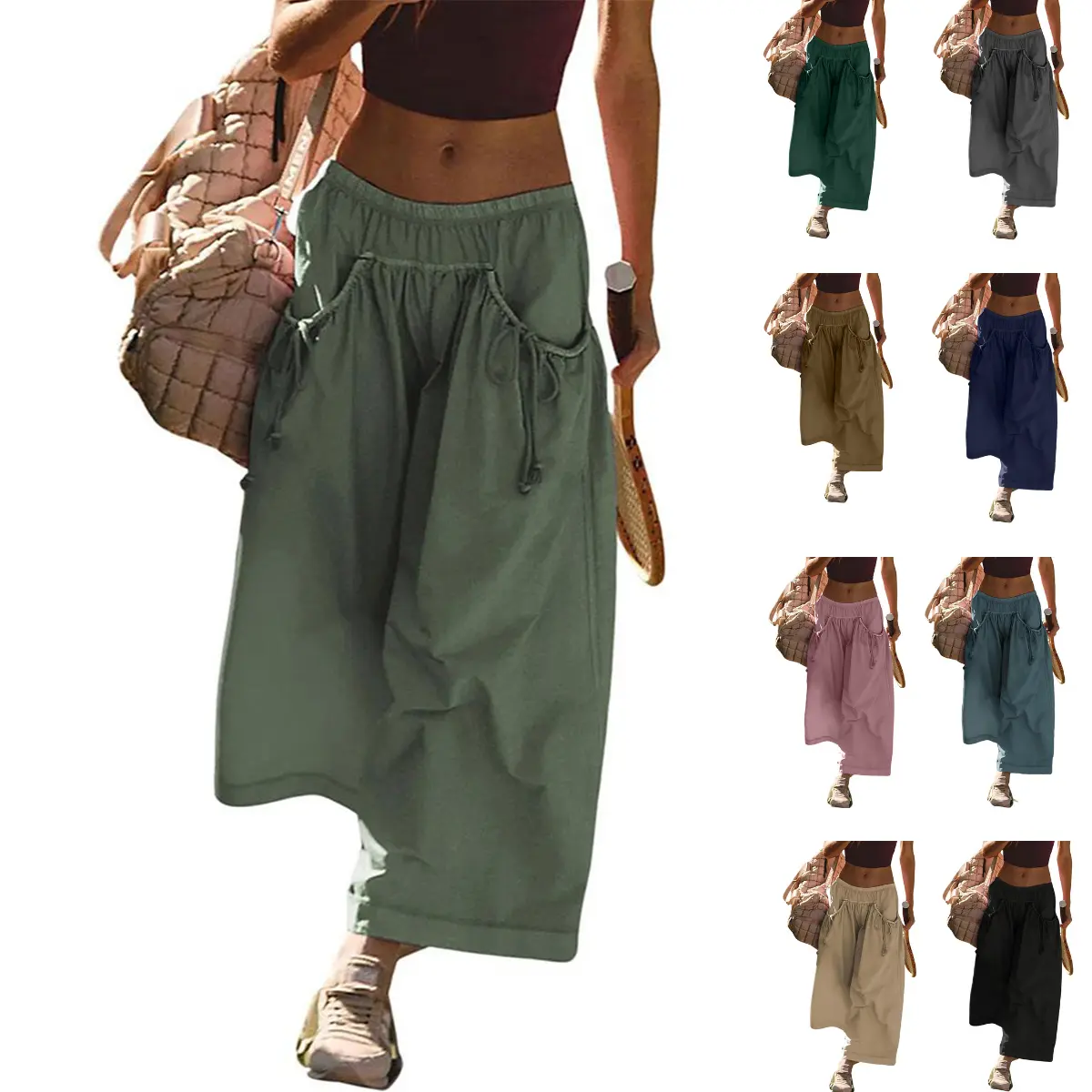 SCUSTY Women's Loose Wide Leg Track Pants Drawstring Pockets Elastic Waist Capri Hiking Pants Womenswear SCUSTY Women's Loose Wide Leg Track Pants Drawstring Pockets Elastic Waist Capri Hiking Pants Womenswear