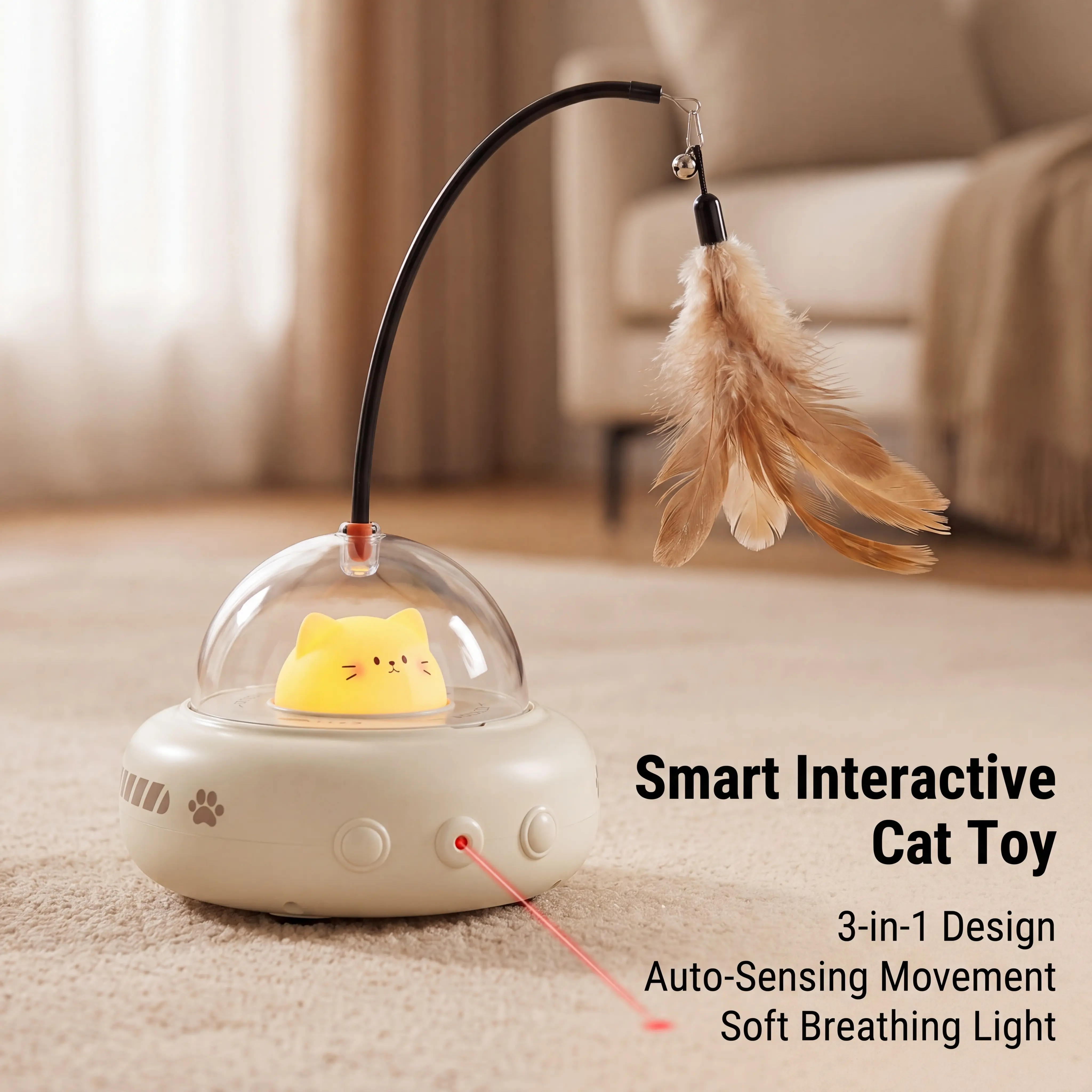 3-in-1 Plain Interactive Cat Toy for Kittens+Adults - Light-Up Laser Pointer, Detachable Feather Wand, Auto Play Mode, Self-Hiding Teaser, LED Night Light, USB Rechargeable, Encourages Indoor Play Exercise