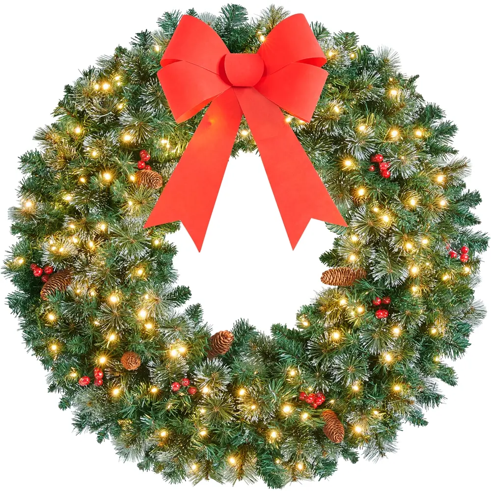 Costoffs 24/36/48 Inch Pre-Lit Frosted Christmas Wreath, Holiday Door Decor with LED Lights, Bowknot, Pinecones & Holly Berries for Front Door, Mantel & Wall
