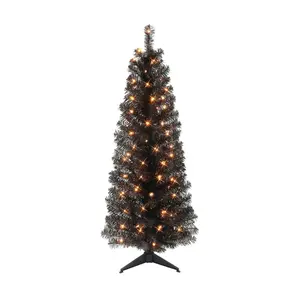 Puleo 4.5 ft Pre-lit Black Tinsel Tree, 160 Tips, 70 UL Clear