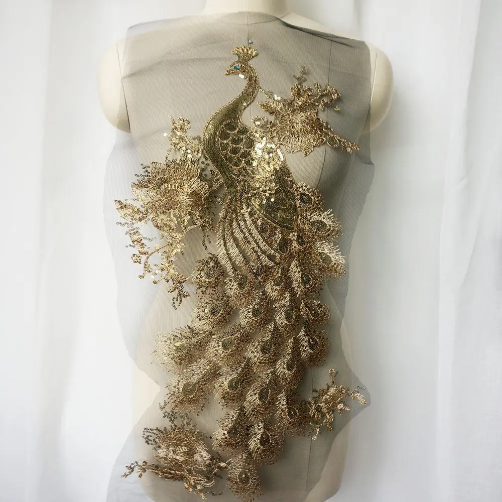 Gold Sequin Embroidered Peacock Birds Applique Lace Detailing Fabric Trimming Sewing Patch Wedding Gown Dress DIY Crafts