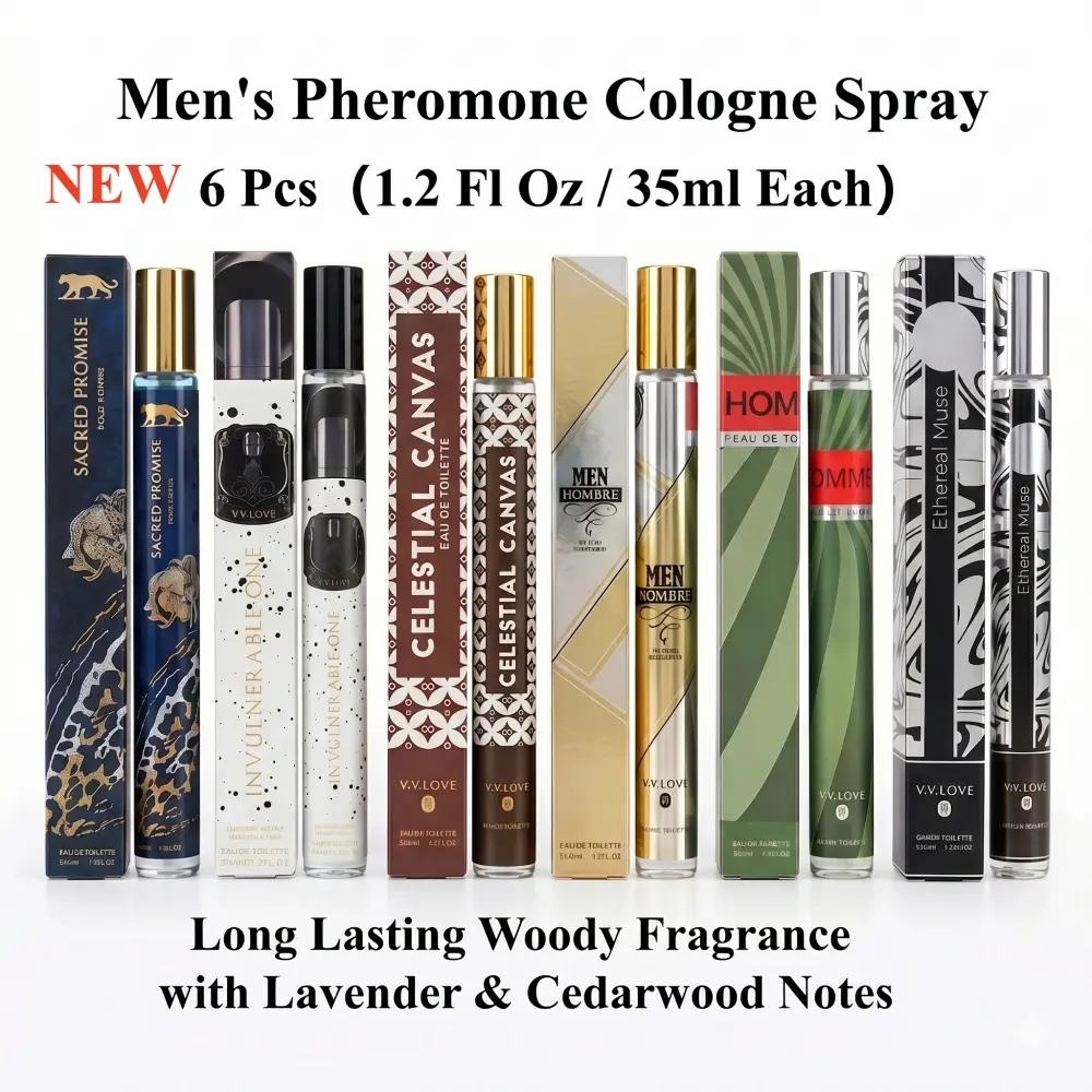 Men's Pheromone Cologne Spray Gift Set – 6 x 1.2 oz, Long Lasting Woody Scent with Lavender & Cedarwood, Masculine Perfume for Dating & Attraction, Travel Size, Father's Day Gift for Dad & Husband