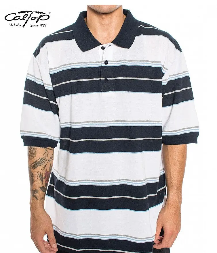 Cal Top Men’s Striped Polo Short Sleeve Shirt – White/Navy Blue