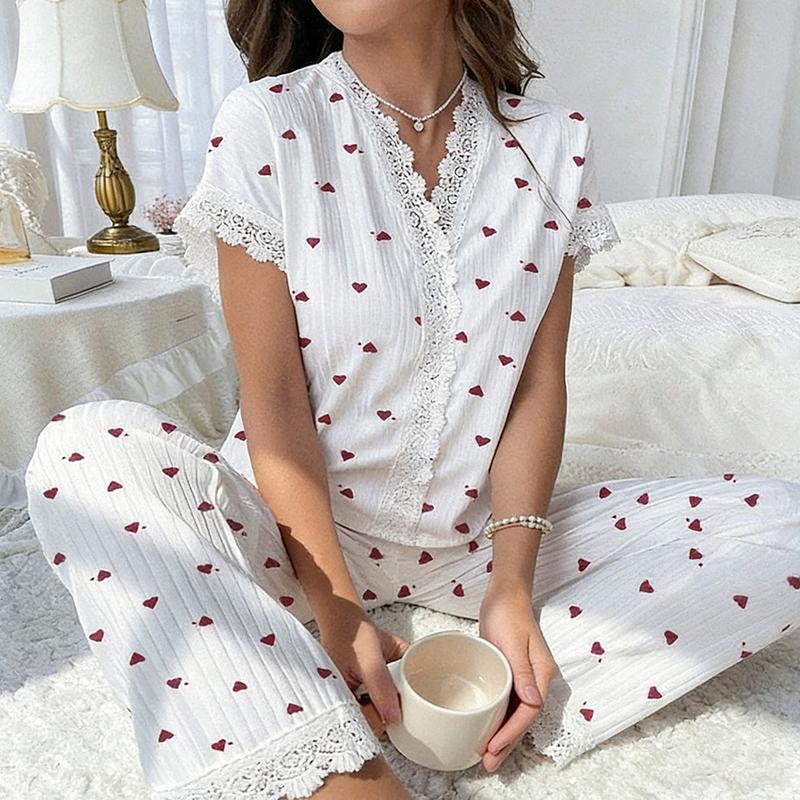 Cherrybetty Cute Heart Print Lace Trim Cozy Pajama Set Everyday Loungewear Nightwear Soft Womenswear Cute Pajama Sets Lounge Set Women's Pajamas Set Homewear