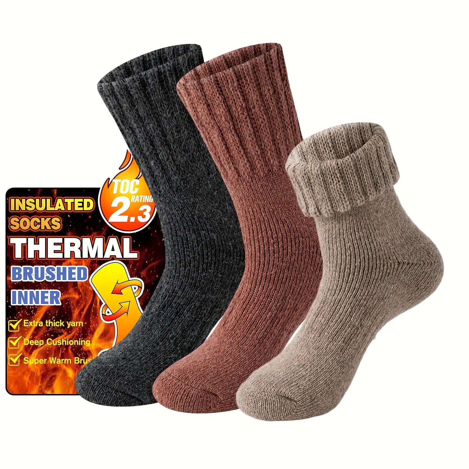3 Pairs Of Merino Wool Men's And Women's Warm Socks, Winter Snow Socks, Skiing Thick Boots, Warm Socks, Skiing Single Board Socks, Hiking Socks Menswear Bestie Tubesocks Beige