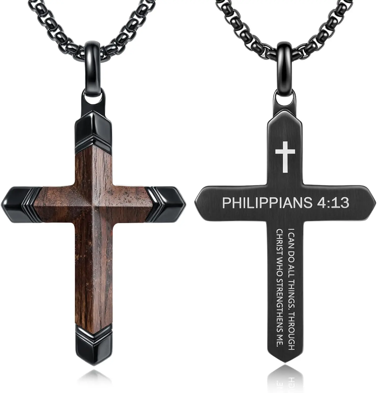 Wooden Cross Bible Verse Necklace for Men, Handmade Real Ebony Wood Cross Pendant Stainless Steel Chain, Spiritual Jewelry Gift for Him, Everyday Wear, Including 24-25 Inch Box Chain