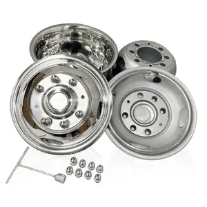 17" Polished Wheel Simulators, 17" 8 Lug 4 Vent Hole Stainless Steel Hubcaps, 2Pcs Front Wheel&2Pcs Rear Wheel,Bolts On Wheel Cover Set Compatible with 2005-2021 Ford F350 Dually Wheel Truck