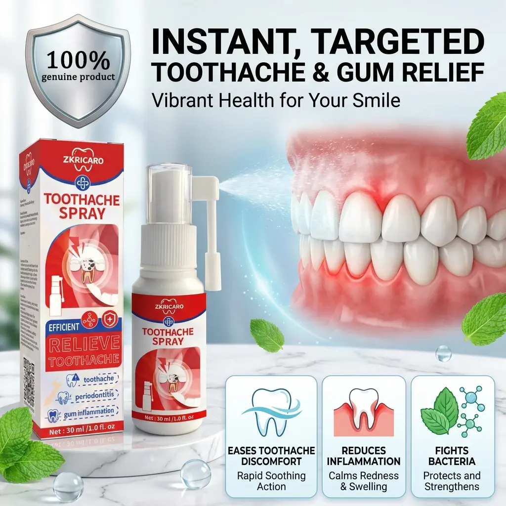 ZKRICARO Toothache Spray provides quick relief from toothache, effectively soothes gum discomfort, freshens breath, and has oral antibacterial properties. It has a gentle mint flavor for everyday use. Daily Sensitive
