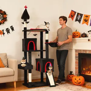 Gothic Cat Tree 78" Tall, Halloween Themed Cat Tower with Coffin Bed, 2 Condos, Plush Hammock, Sisal Scratching Posts, Bat Teaser Balls, Ramp, Anti Tip Strap, for Indoor Cats, 24"L x 20"W Base