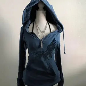 Y2K American vintage hooded zip-up cardigan jacket, slim-fit sweater with blue lamb wool print