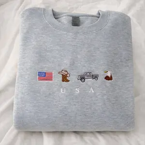 USA Embroidered Sweatshirt – Patriotic Crewneck with American Flag, Cowboy Hat, Boots, Eagle & July 4th Icons