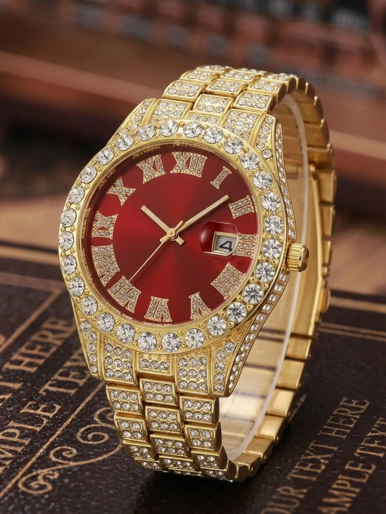 Men's Case Dial Quartz Watch, Full Diamond Bezel, Roman Numerals, Calendar, Stylish Business Casual Wristwatch