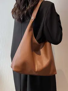 Simple versatile one-shoulder tote bag, retro caramel brown lychee pattern design,  crescent line one-shoulder bag, niche design, versatile and available in multiple colors, suitable for daily commuting, shopping, etc.