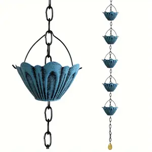 Decorative Metal Rain Chain for Outdoor Downspouts, 44.1-inch Garden Rainwater Diverter with Flower Shaped Blue Accents - Ideal for House and Patio Decor, Waterfall