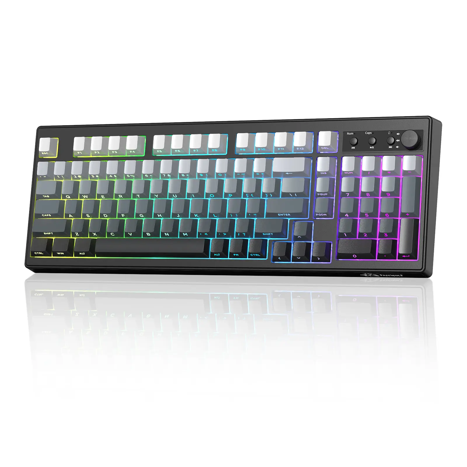FREEWOLF K100 99 Keys Gaming Membrane Wireless Keyboard with Media Knob,Tri-Mode BT/2.4GHz/USB-C,Side Printed Keys RGB Backlit Retro Cute Creamy Silent Computer Keyboard for MAC PC
