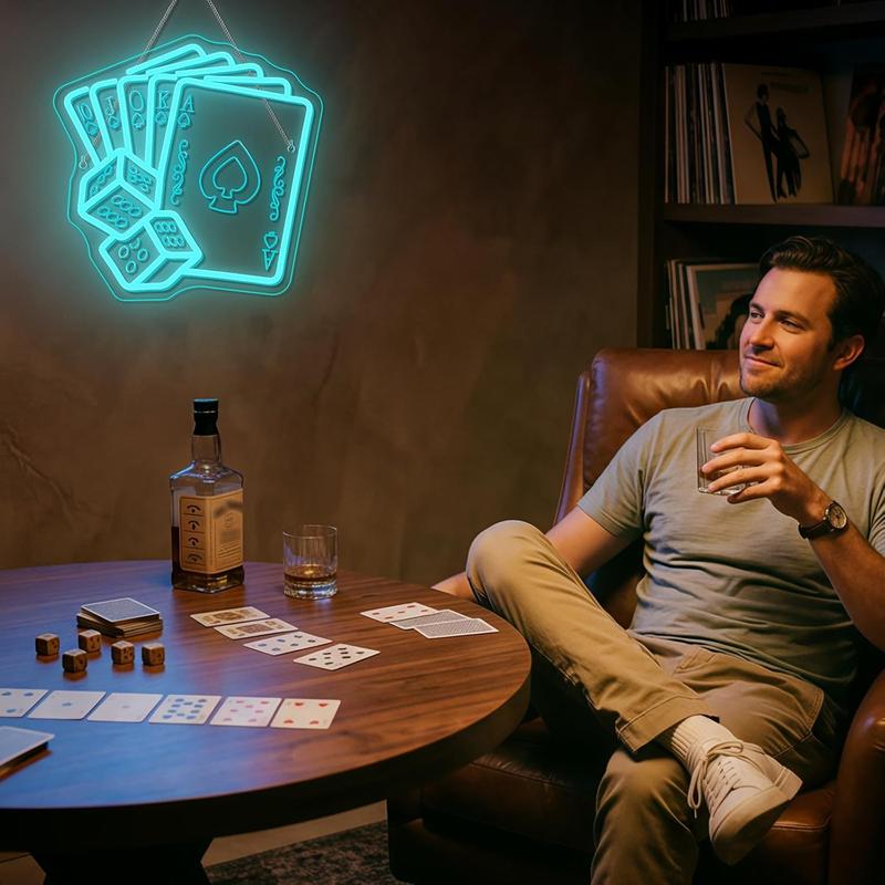 Blue Poker Neon Signs Dice Neon Signs Wall Decor Straight Flush LED Light for Bedrooms Bar Clubs Casinos Hotels Game Room Man Cave Party Decorations