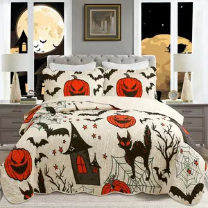 Halloween Themed Twin/Full Size Quilt Bedding Set with Pillow Shams Lightweight Soft Bedspread Coverlet for Halloween Holiday Bed Cover for Bedroom Home Decoration