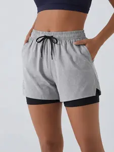 Women’s knit running shorts with adjustable drawstring and zippered pockets, suitable for beach vacations and leisure, sports, cycling, and yoga.