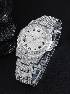 1 piece fashionable starry sky Roman-style women's watch with full diamond design, Diamond Wrist Watch, women's steel band, stylish and luxurious diamond-embellished women's watch