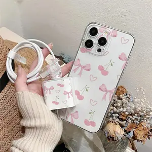 5 Piece Set Transparent Bow Heart Cherry Phone Case, Charger Head Cover, Cable Protector, Storage Rope, Anti-Drop Protective Tpu Case for iPhone, Accessories