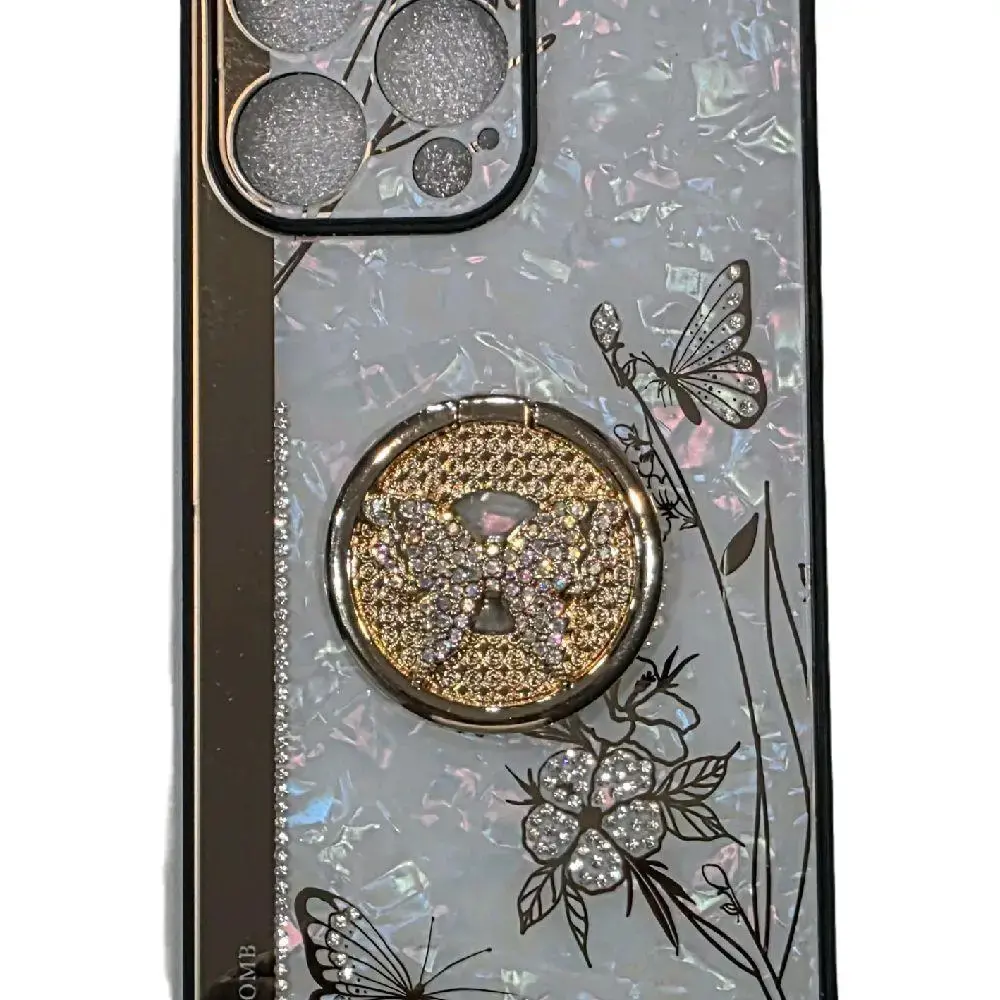 iPhone 14 Case for Women - Cute 3D Butterfly, Bling Sparkle Glitter Luxury Rhinestones, Floral Design with Ring Stand, Mirror, Shockproof Thin Girly Cover for Apple iPhone 14 (Light Grey) Diamond Smartphone