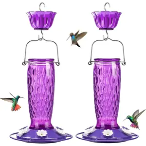 2 Pack Glass Hummingbird Feeders for Outdoors Hanging,  Bird Nectar Feeder with 6 Feeding Ports, 24 oz Leak-Proof, Purple (Ant Moat Included)