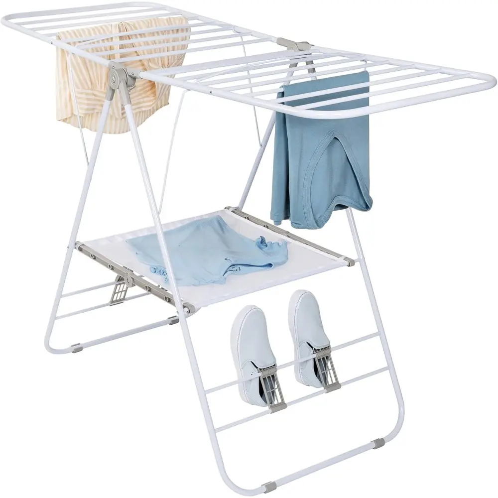Collapsible Heavy-Duty Freestanding Laundry Drying Rack - Steel, Rust-Resistant Frame, Folding Gullwing Design, Expandable Shoe Drying Bars, Lightweight, Pre-Assembled, 50 lb Capacity, 46 ft Length, Portable for Indoor/Balcony Use, White